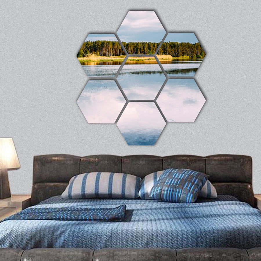 River Landscape With Reflections Of Clouds In Water hexagonal canvas wall art
