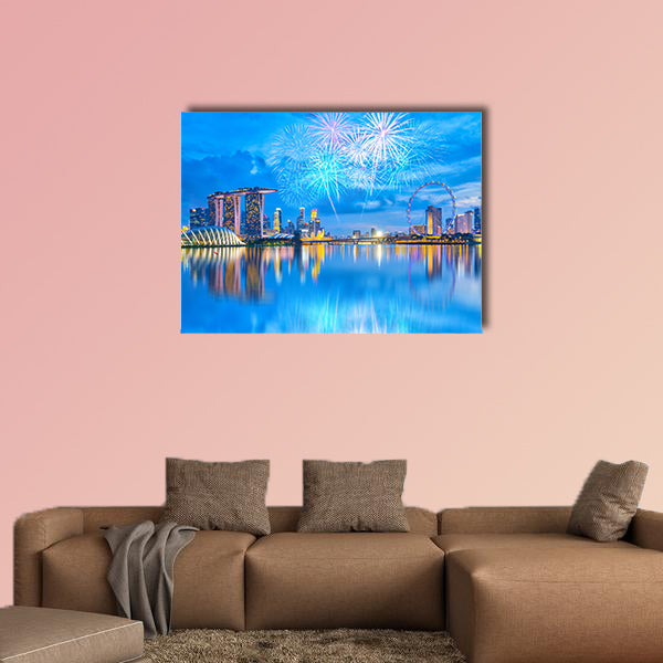 Fireworks with view of the Singapore city at night. Multi panel canvas wall art