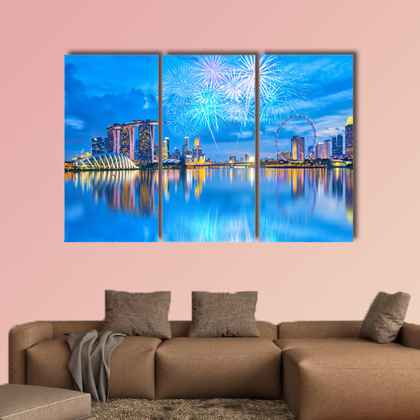 Fireworks with view of the Singapore city at night. Multi panel canvas wall art