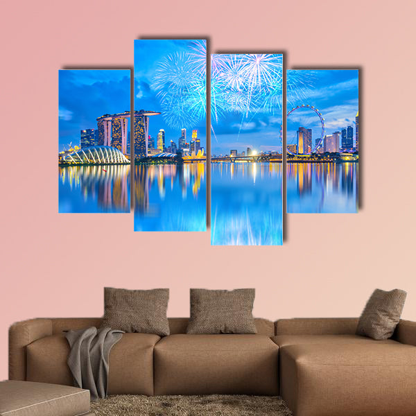 Fireworks with view of the Singapore city at night. Multi panel canvas wall art