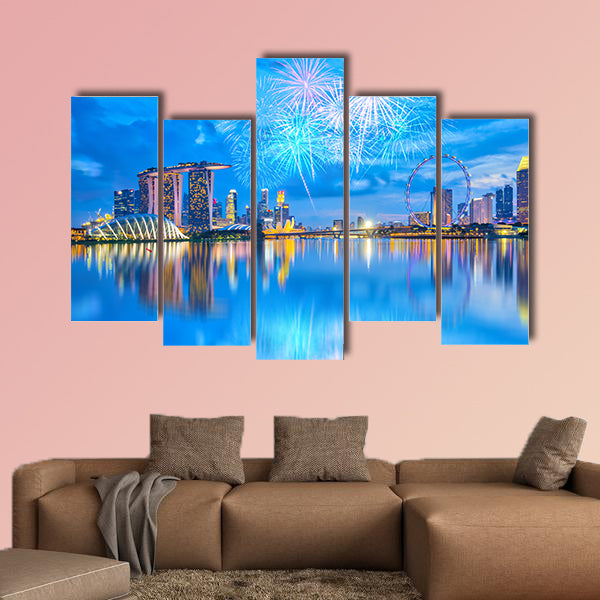 Fireworks with view of the Singapore city at night. Multi panel canvas wall art