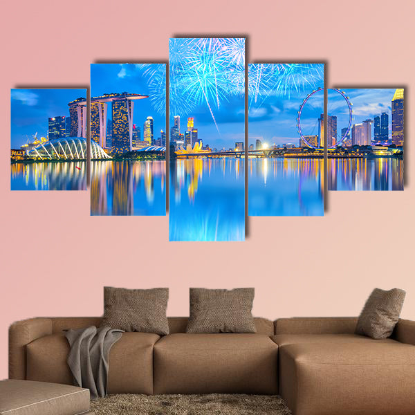 Fireworks with view of the Singapore city at night. Multi panel canvas wall art
