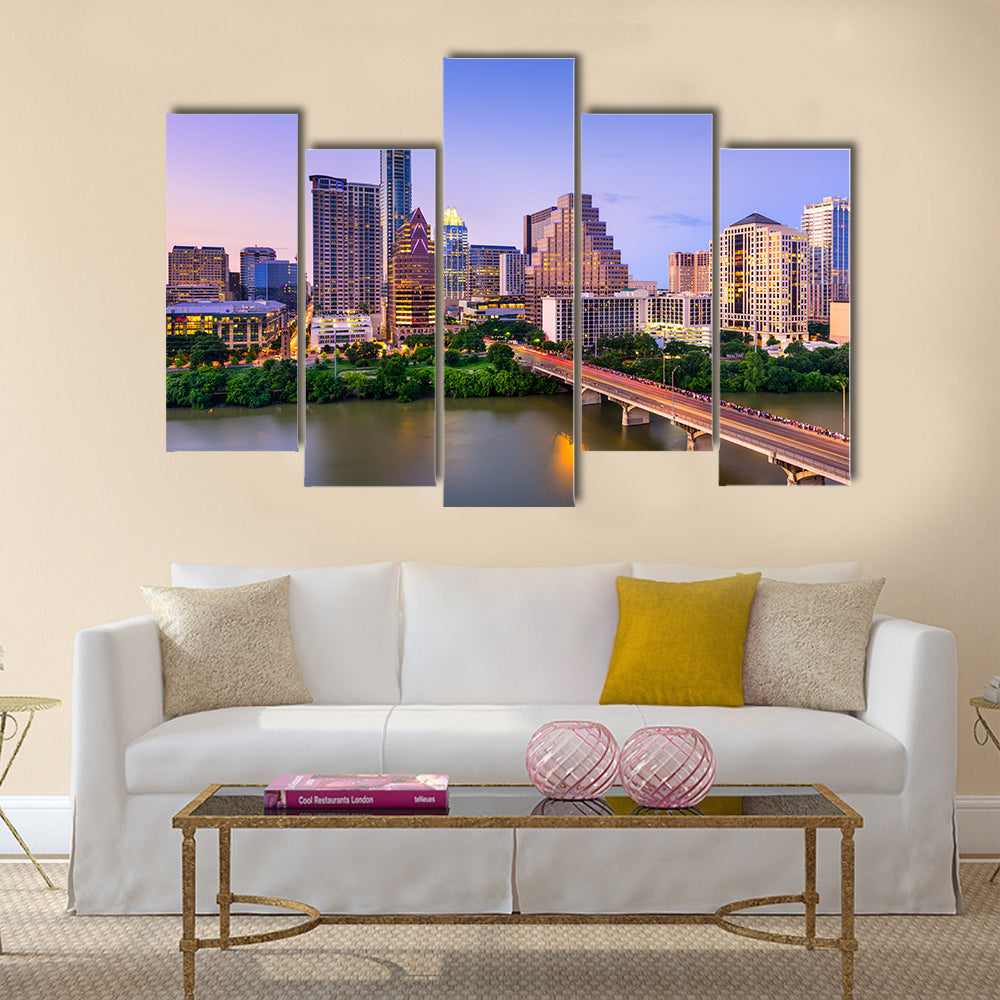 The beauty of the Colorado river downtown the skyline in Texas, USA, Multi Panel Canvas Wall Art