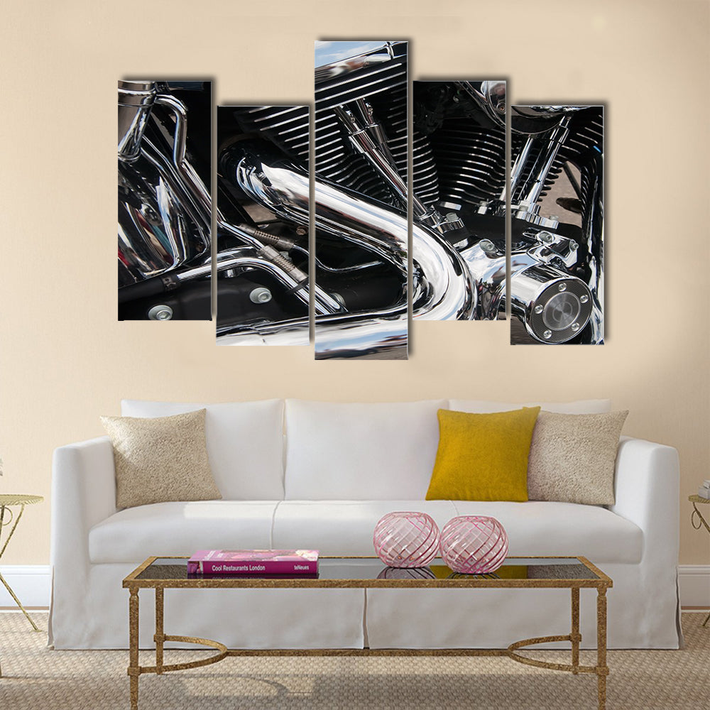 Closeup of a big shiny Motorcycle engine Multi panel canvas wall art
