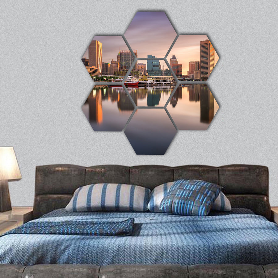 USA skyline at the Inner Harbor hexagonal canvas wall art