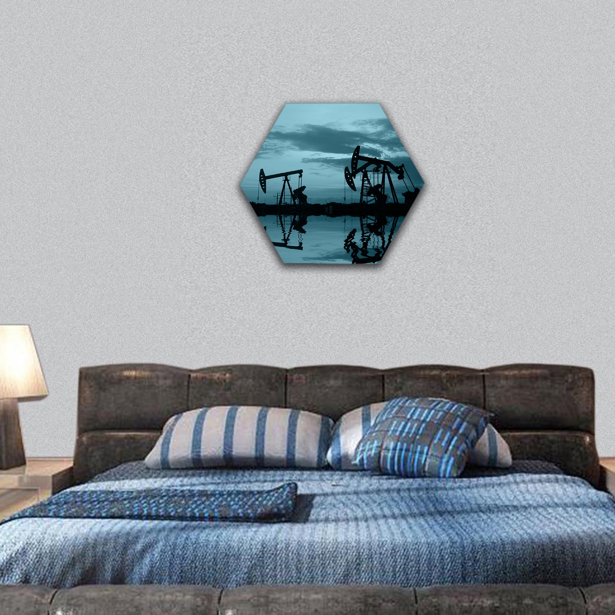 Oil pipeline and pumping unit of the silhouette hexagonal canvas wall art
