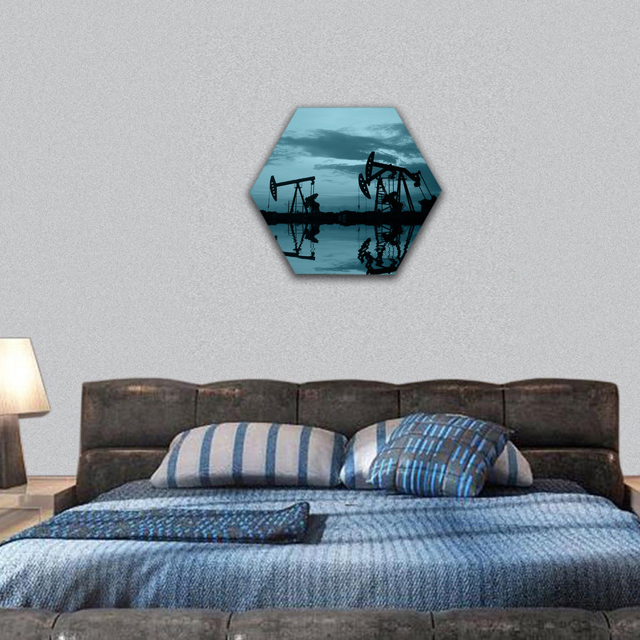 Oil pipeline and pumping unit of the silhouette hexagonal canvas wall art