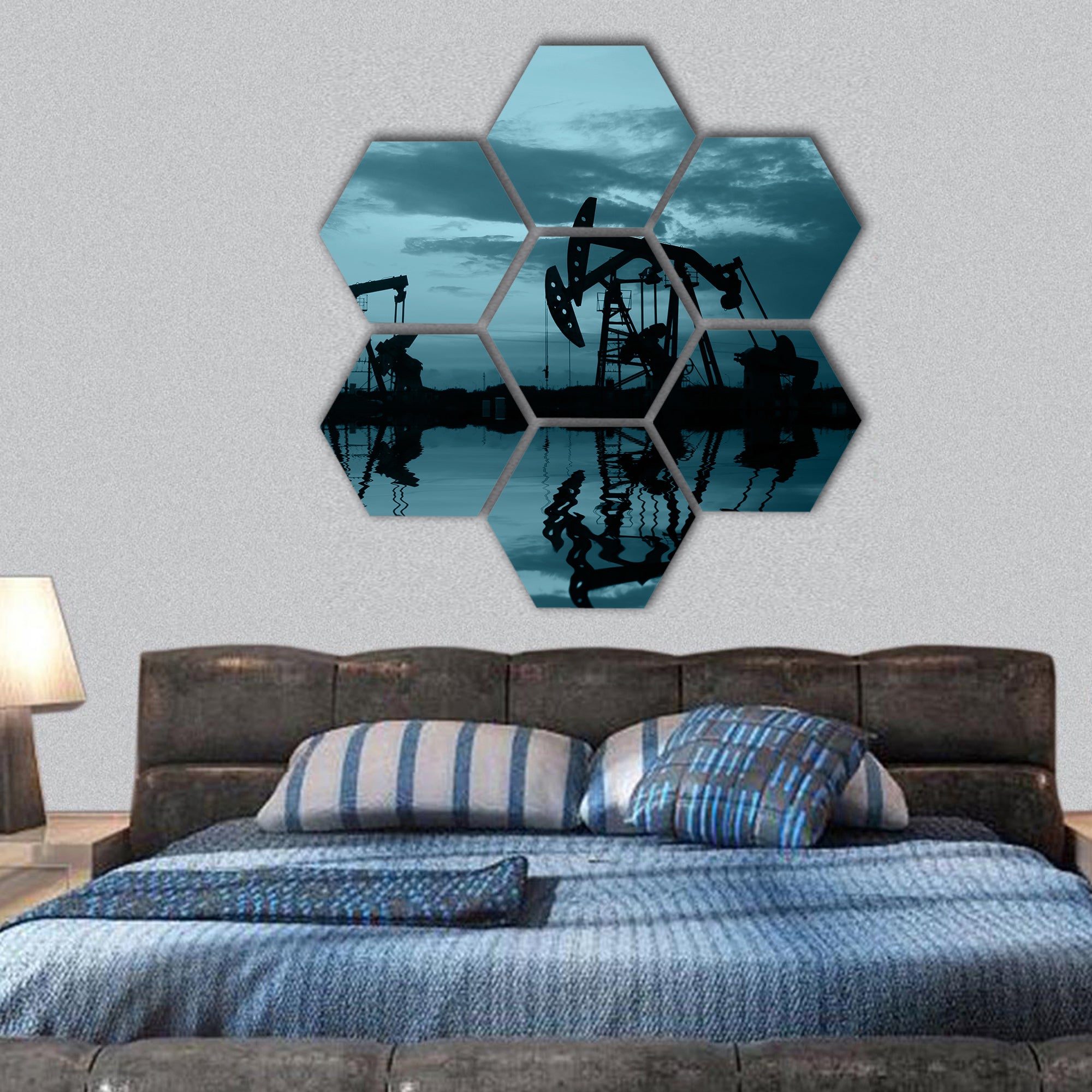 Oil pipeline and pumping unit of the silhouette hexagonal canvas wall art