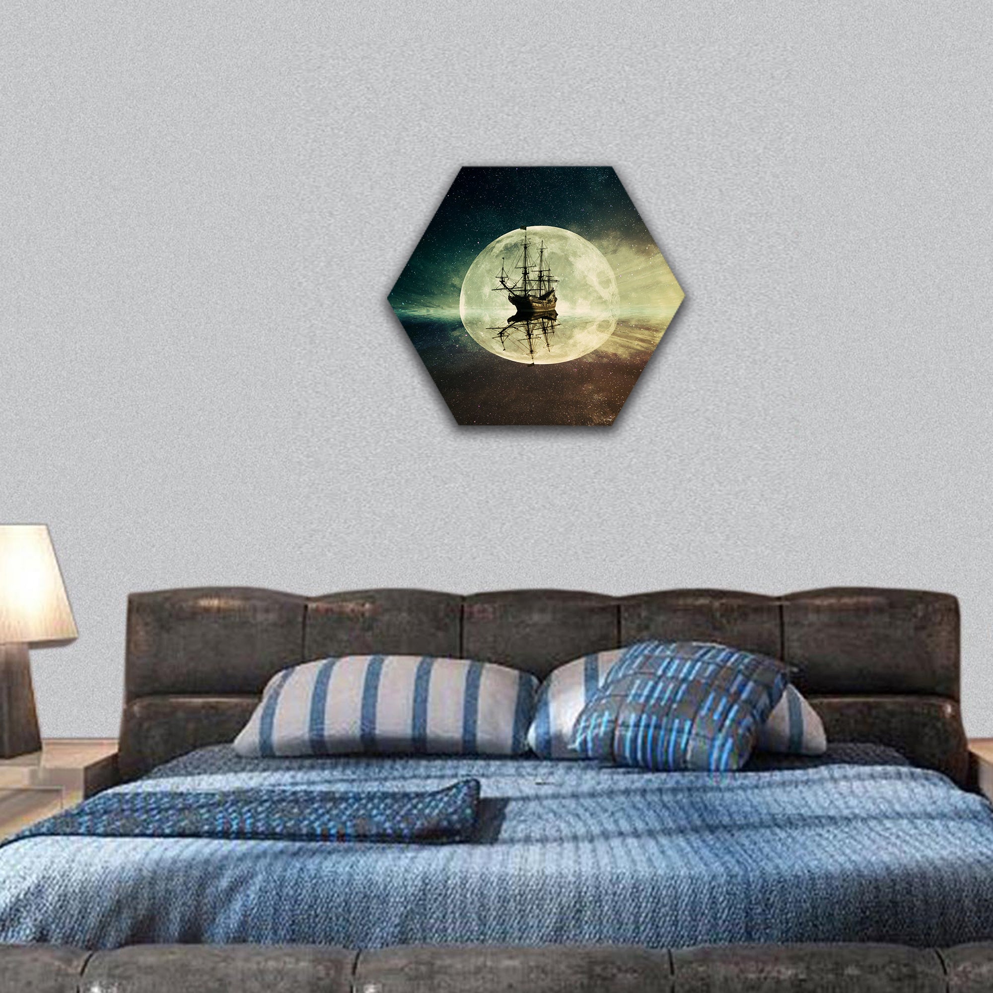 old ship floating in ocean floating on a moonlight night hexagonal canvas wall art