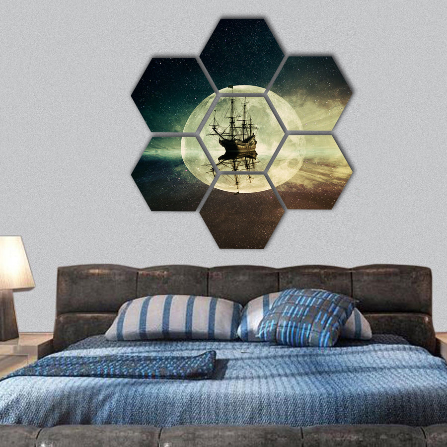 old ship floating in ocean floating on a moonlight night hexagonal canvas wall art