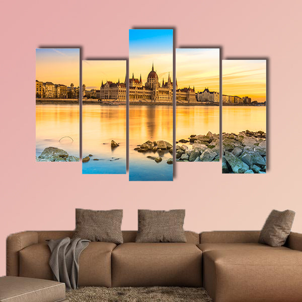 View of Budapest parliament at sunset, Hungary multi panel canvas wall art