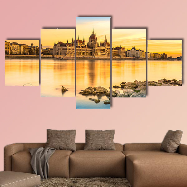 View of Budapest parliament at sunset, Hungary multi panel canvas wall art