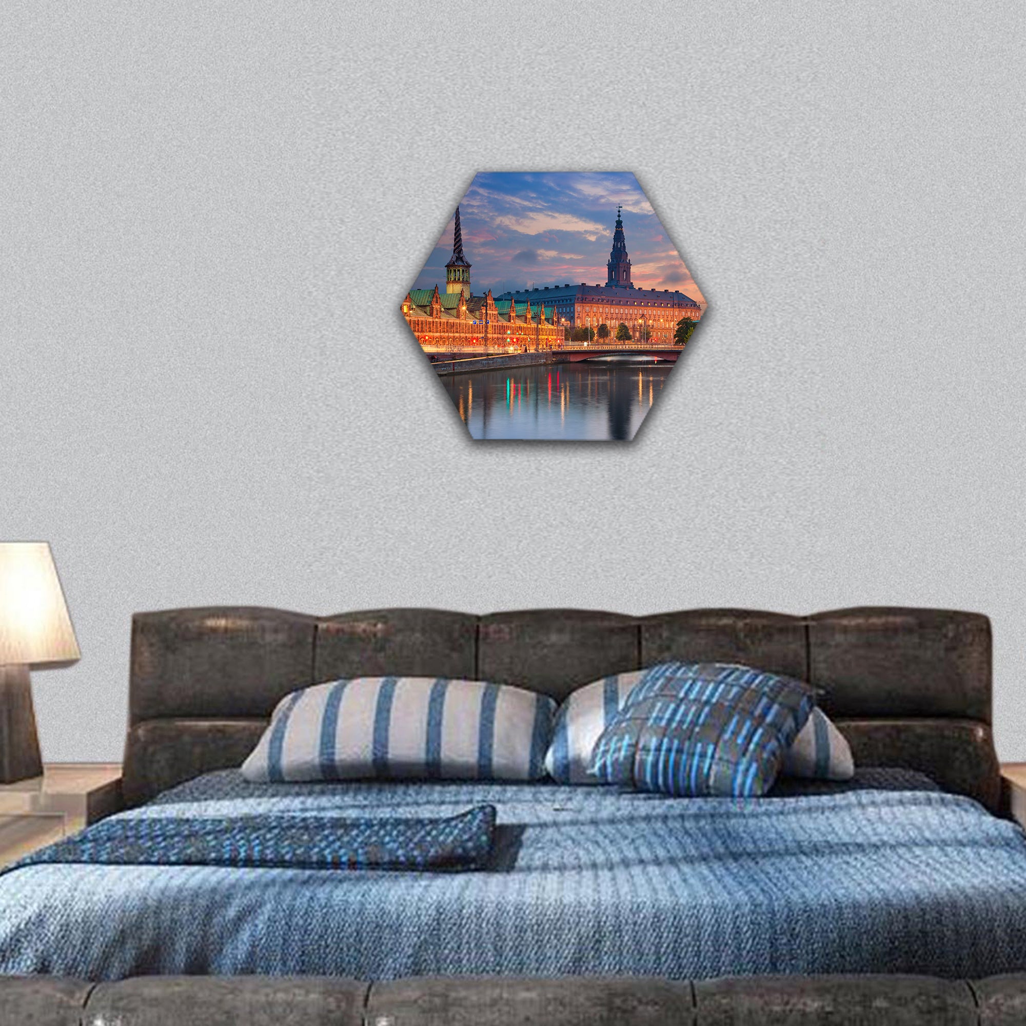 Copenhagen, Denmark during twilight blue hour hexagonal canvas wall art