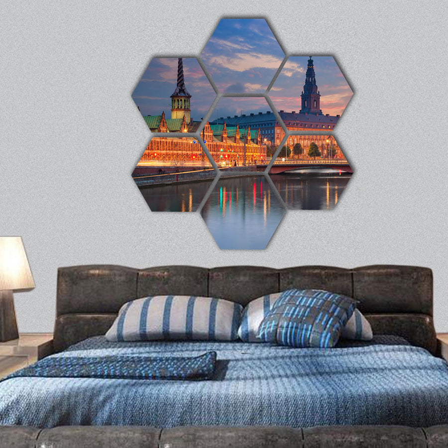 Copenhagen, Denmark during twilight blue hour hexagonal canvas wall art