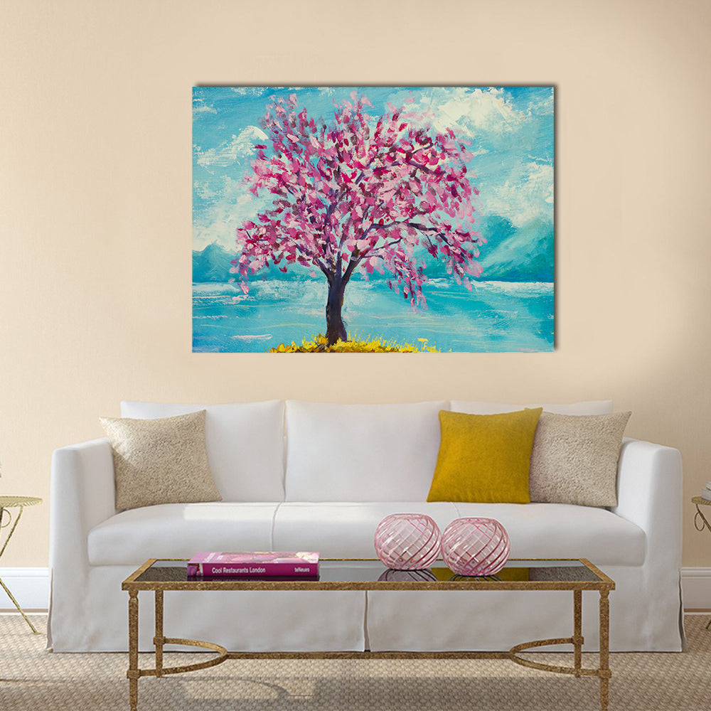 Blooming sakura on water oil painting Multi Panel Canvas Wall Art