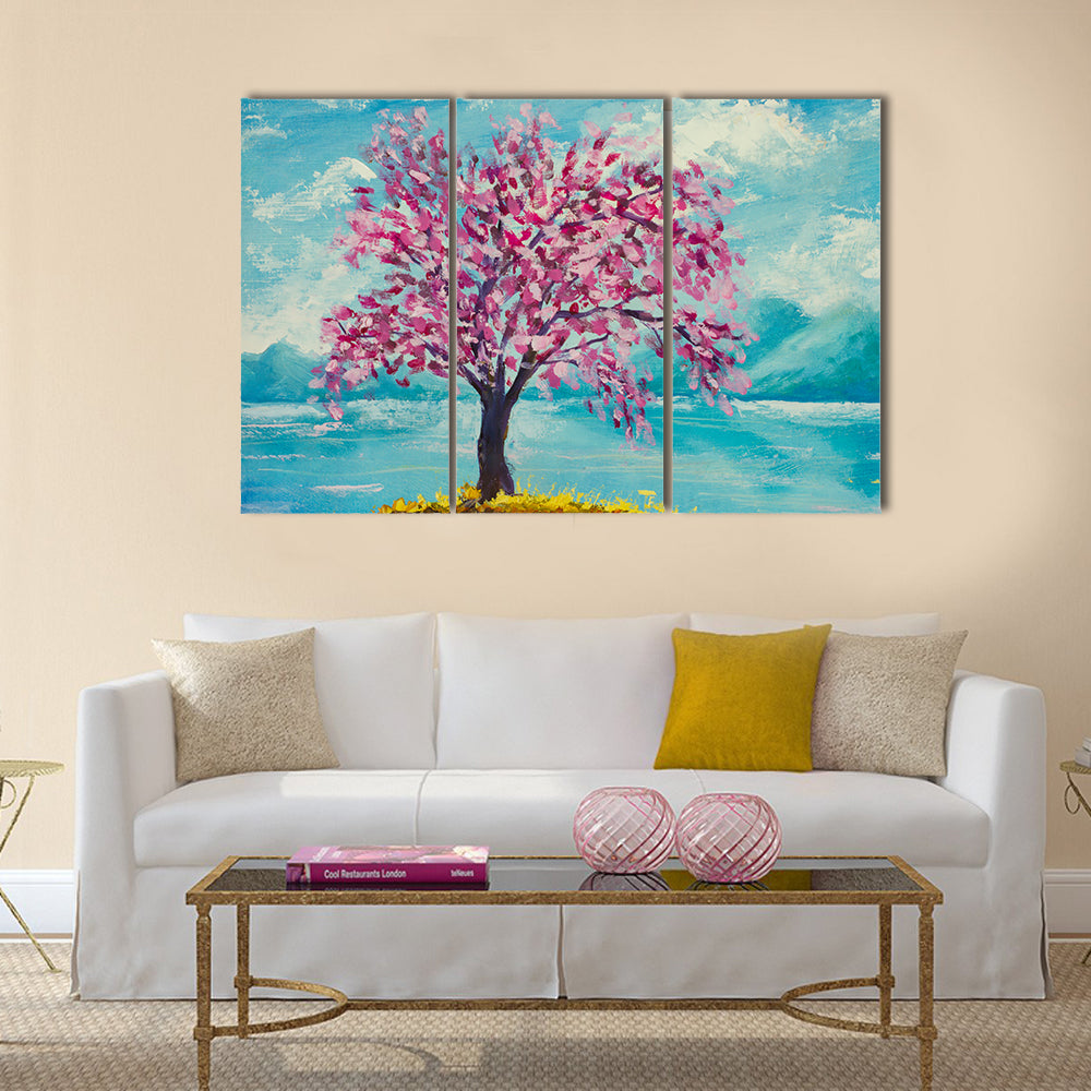 Blooming sakura on water oil painting Multi Panel Canvas Wall Art