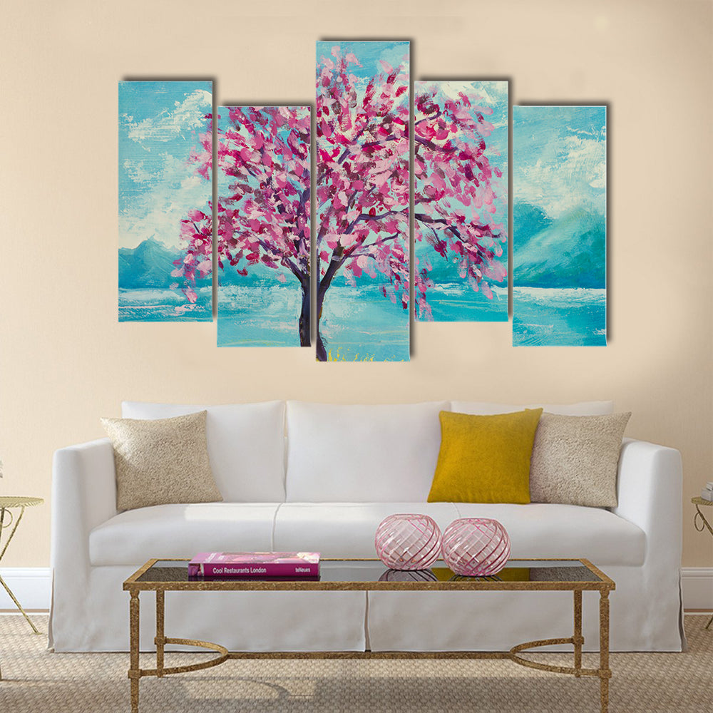 Blooming sakura on water oil painting Multi Panel Canvas Wall Art