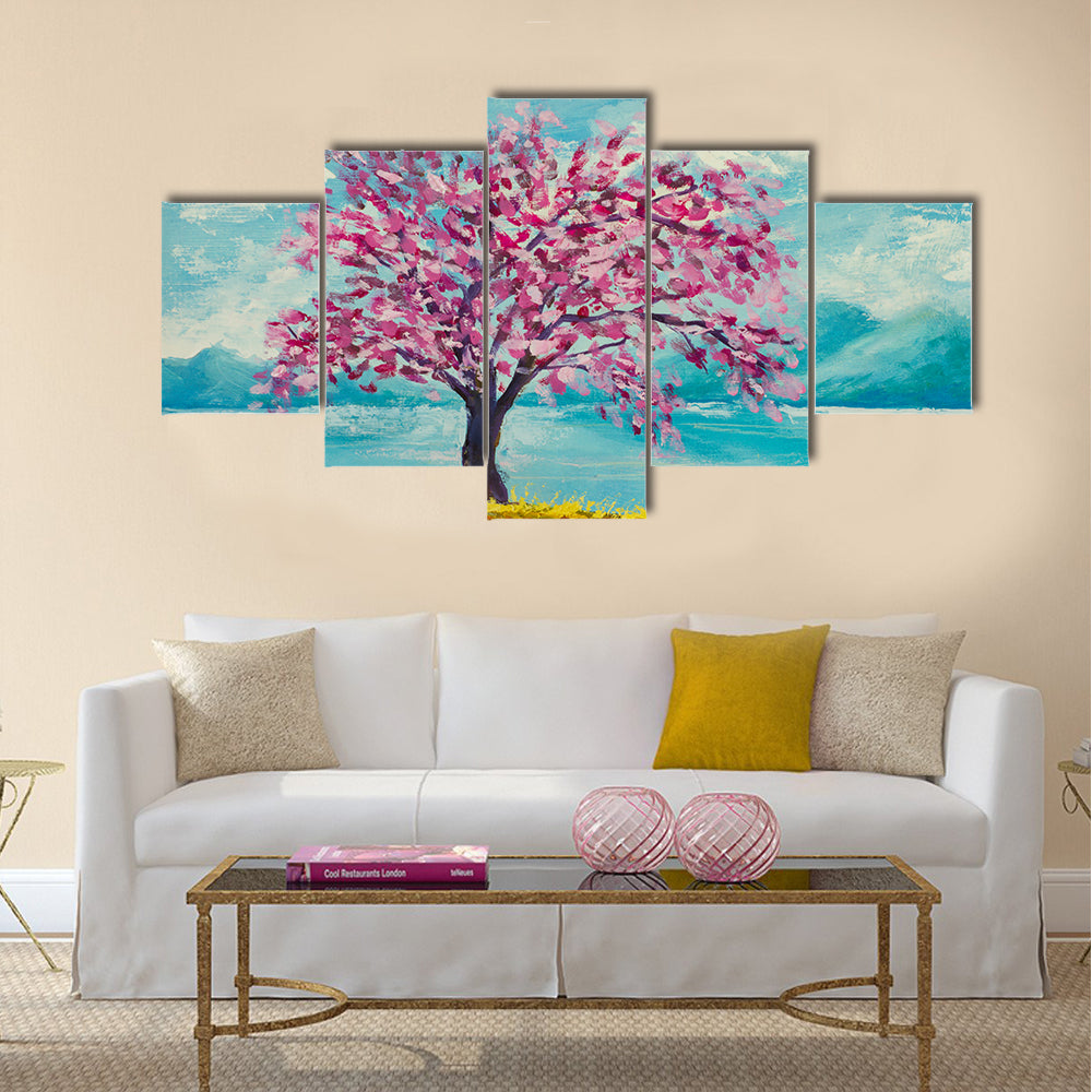 Blooming sakura on water oil painting Multi Panel Canvas Wall Art