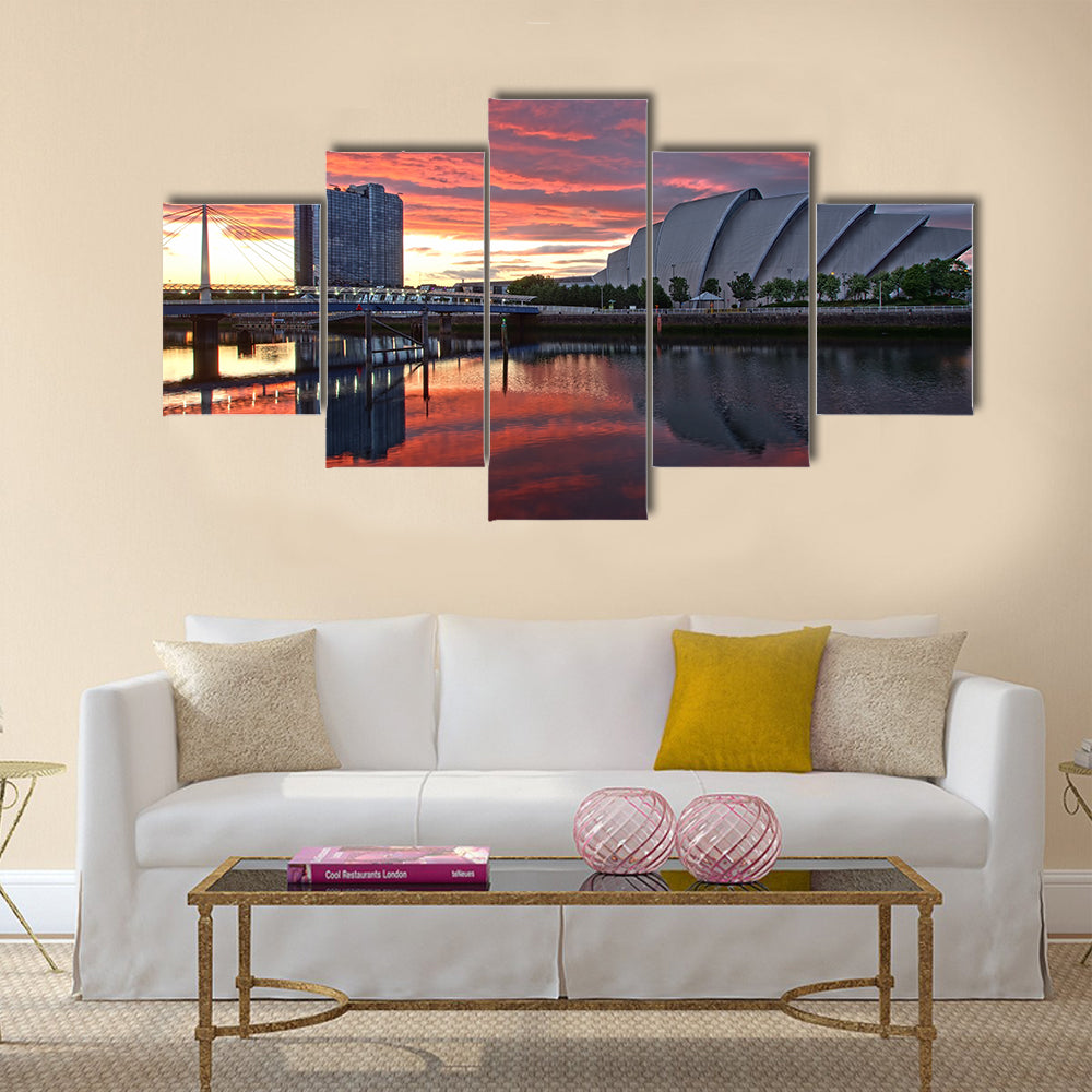 Glasgow harbor district with the concert hall by the river Clyde in Scotland. Multi Panel Canvas Wall Art