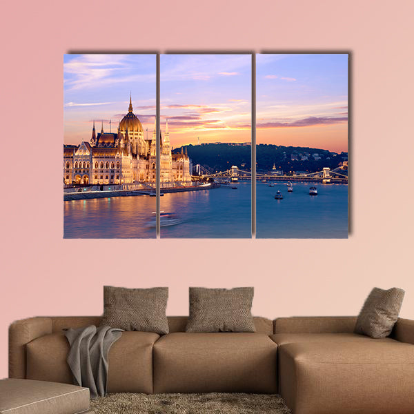 The picturesque landscape of the Parliament in Budapest, Hungary multi panel canvas wall art