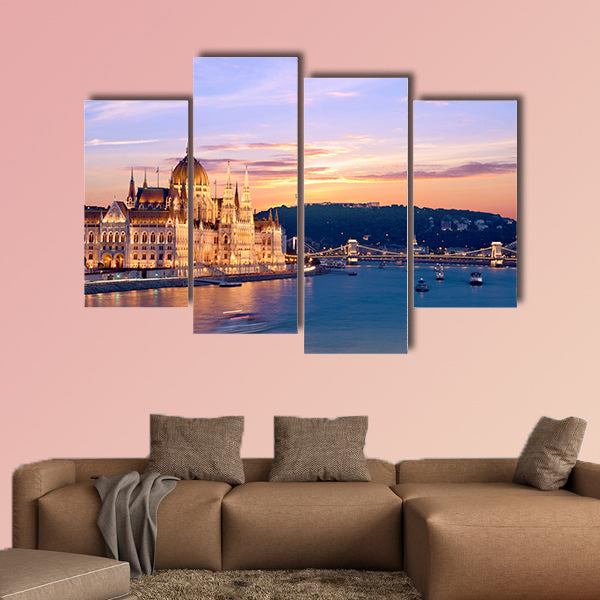 The picturesque landscape of the Parliament in Budapest, Hungary multi panel canvas wall art