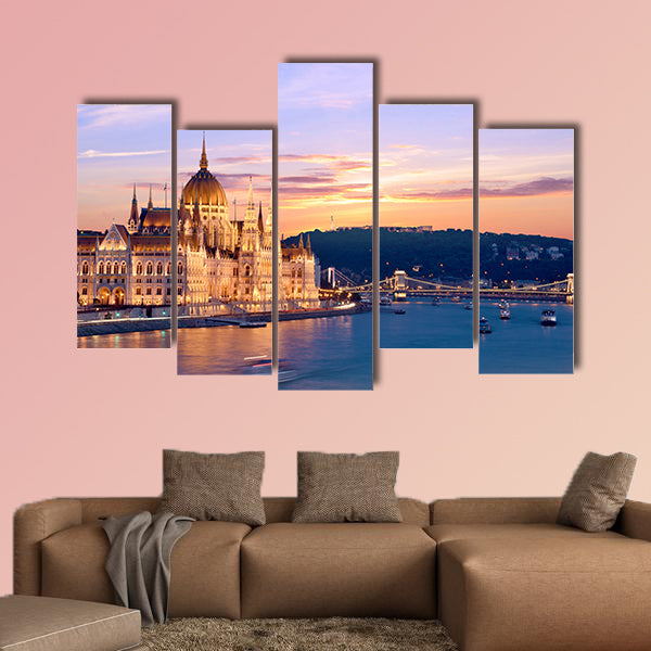 The picturesque landscape of the Parliament in Budapest, Hungary multi panel canvas wall art