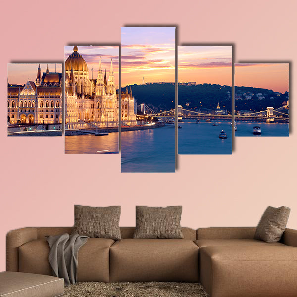 The picturesque landscape of the Parliament in Budapest, Hungary multi panel canvas wall art