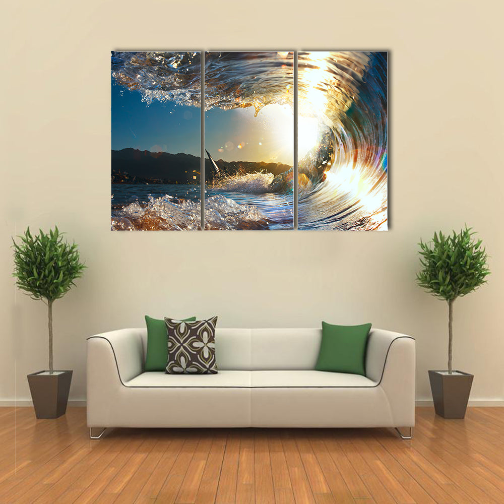 The Sunset Sea With Breaking Wave Shining In Sunlight, Multi Panel Canvas Wall Art