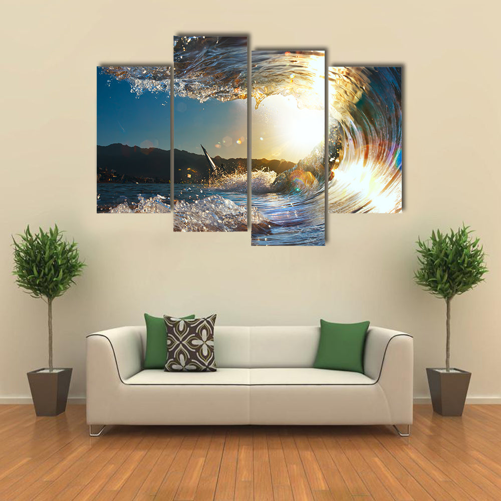 The Sunset Sea With Breaking Wave Shining In Sunlight, Multi Panel Canvas Wall Art