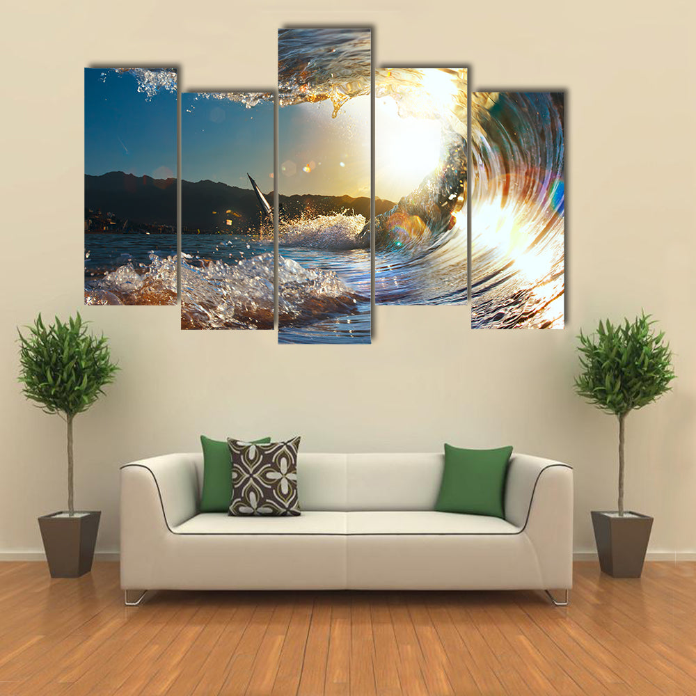 The Sunset Sea With Breaking Wave Shining In Sunlight, Multi Panel Canvas Wall Art