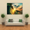 A Rough Colored Ocean Wave Falling Down At Sunset Time, Multi Panel Canvas Wall Art