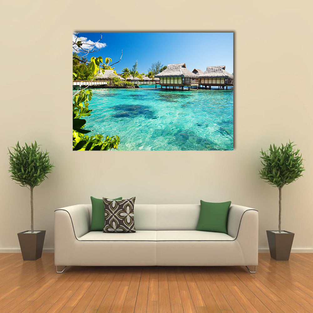 The Beauty Of The Water Bungalows With A Green Lagoon, Maldives, Multi Panel Canvas Wall Art