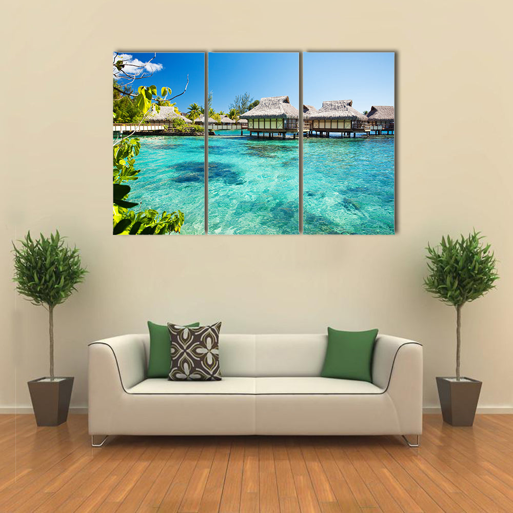 The Beauty Of The Water Bungalows With A Green Lagoon, Maldives, Multi Panel Canvas Wall Art