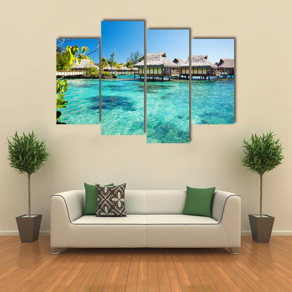 The Beauty Of The Water Bungalows With A Green Lagoon, Maldives, Multi Panel Canvas Wall Art