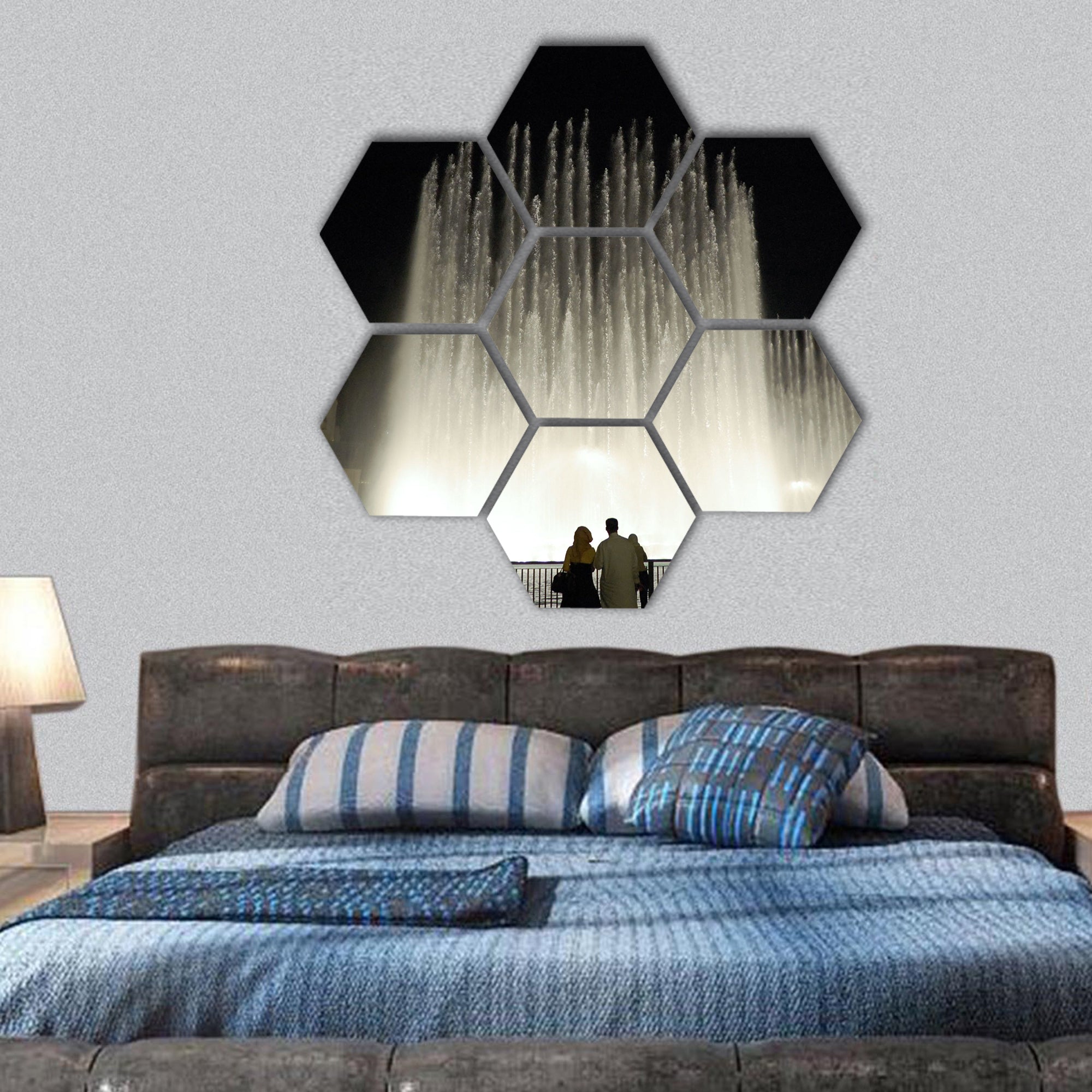 Dancing fountains in Dubai downtown hexagonal canvas wall art