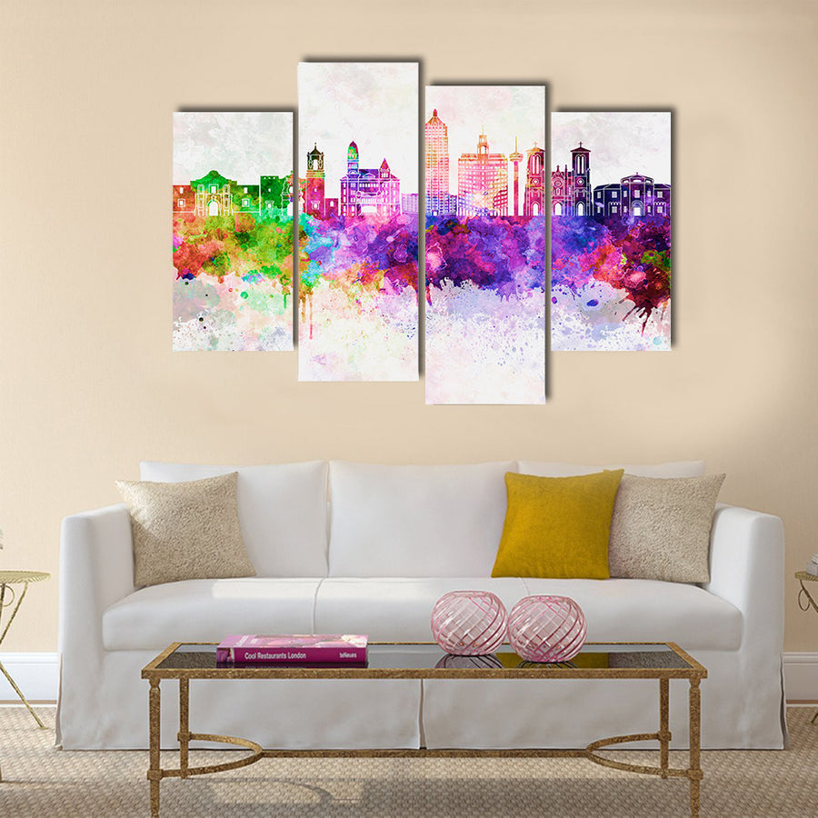 San Antonio skyline in watercolor background Multi panel canvas wall art