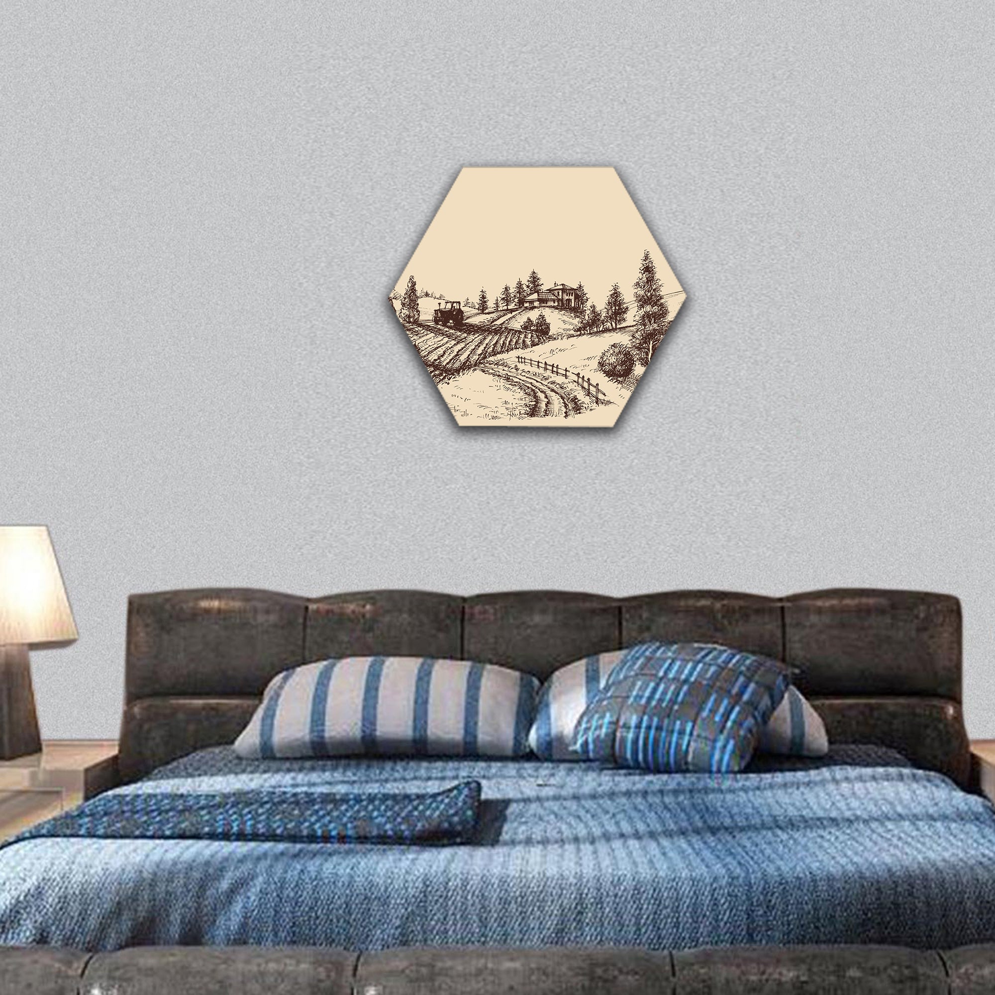 Farm landscape etch, agriculture scene hexagonal canvas wall art