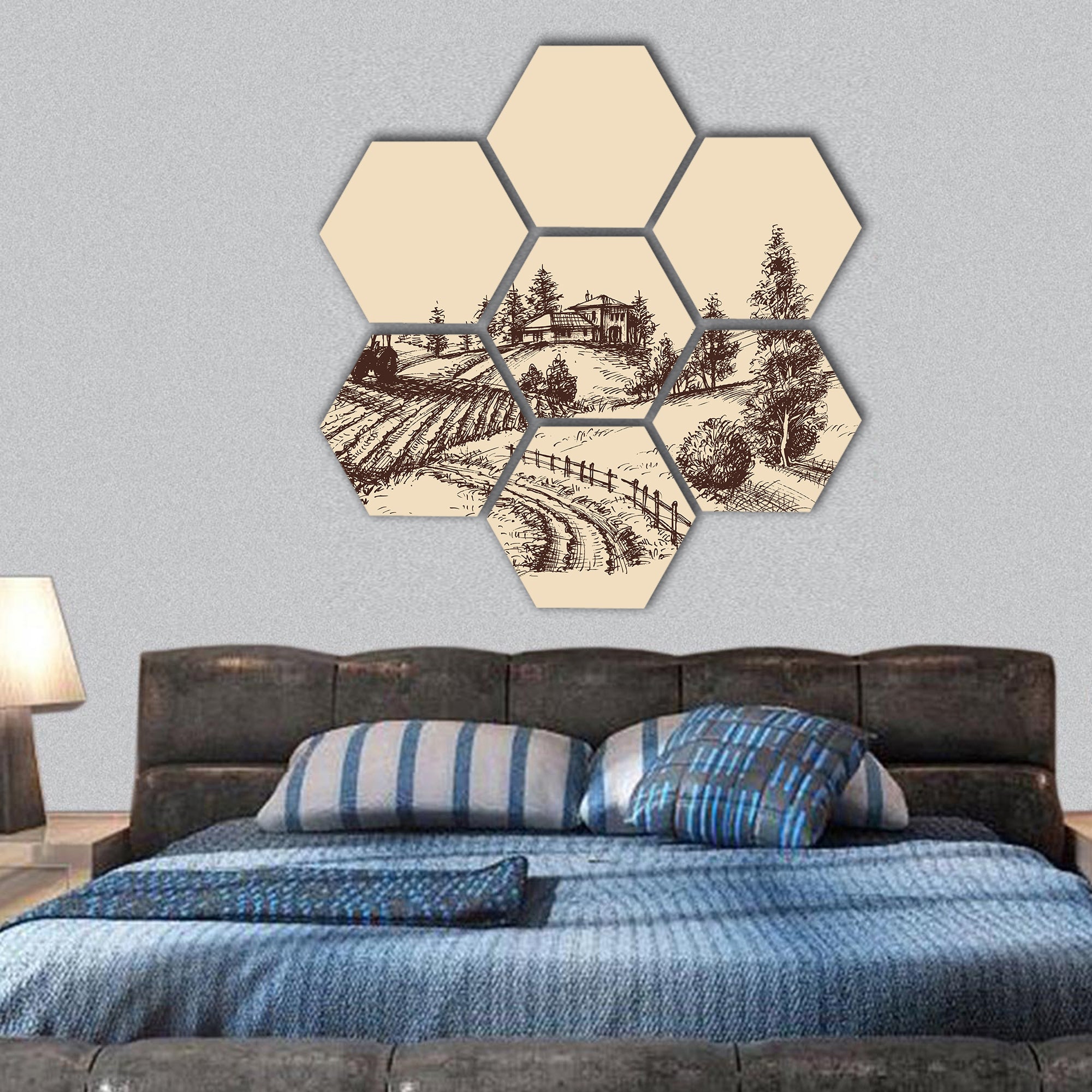 Farm landscape etch, agriculture scene hexagonal canvas wall art