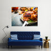 Roasted whole turkey or chicken on festive rustic table with festive Multi panel canvas wall art