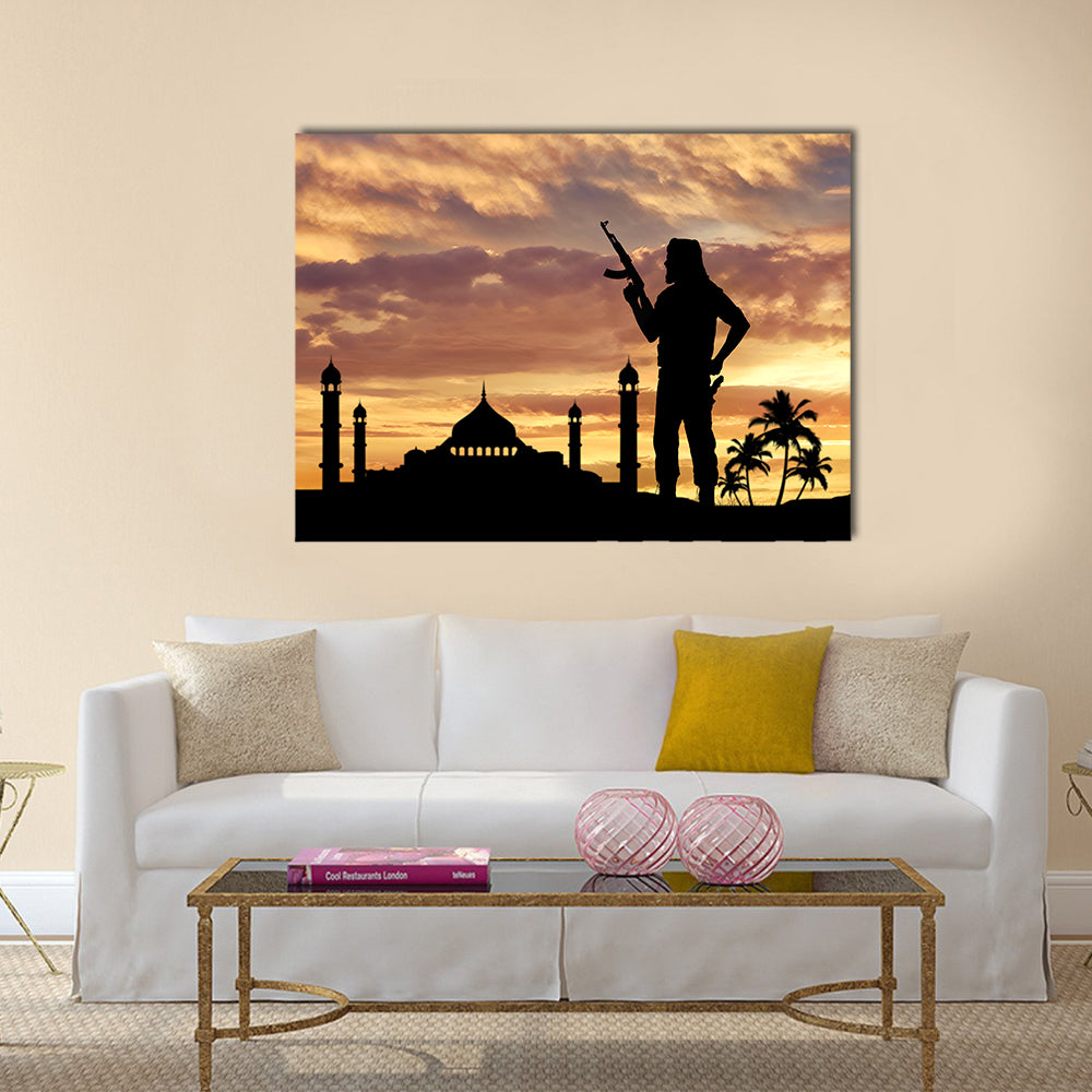 Armed terrorists near the mosque at sunset Multi Panel Canvas Wall Art
