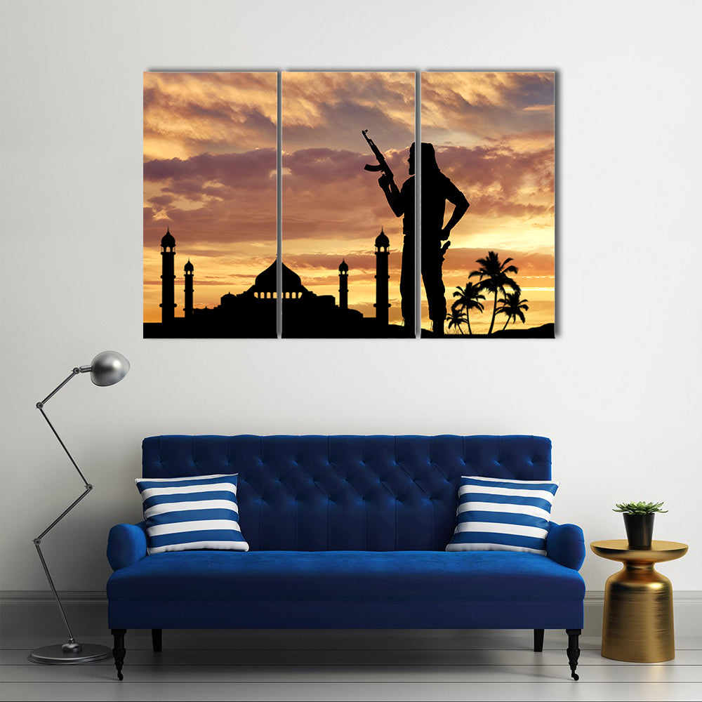 Armed terrorists near the mosque at sunset Multi Panel Canvas Wall Art