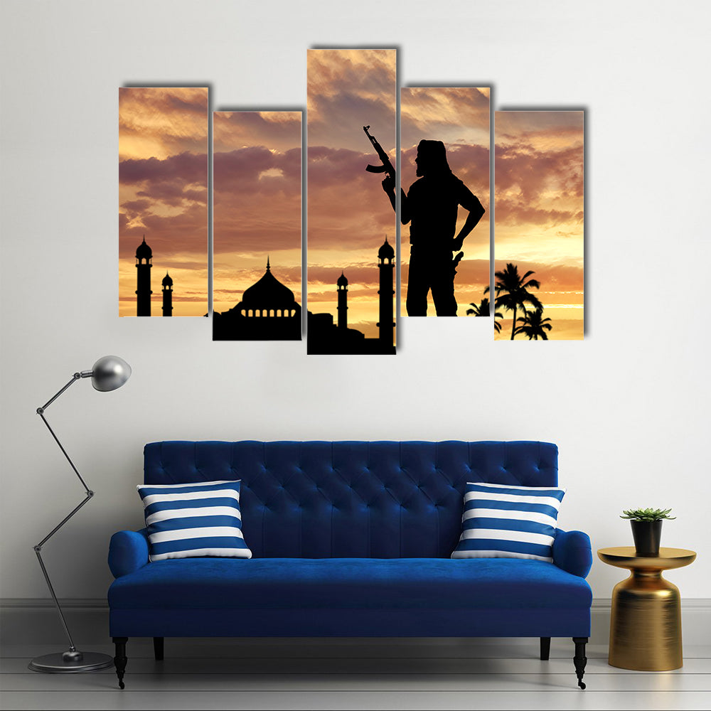 Armed terrorists near the mosque at sunset Multi Panel Canvas Wall Art