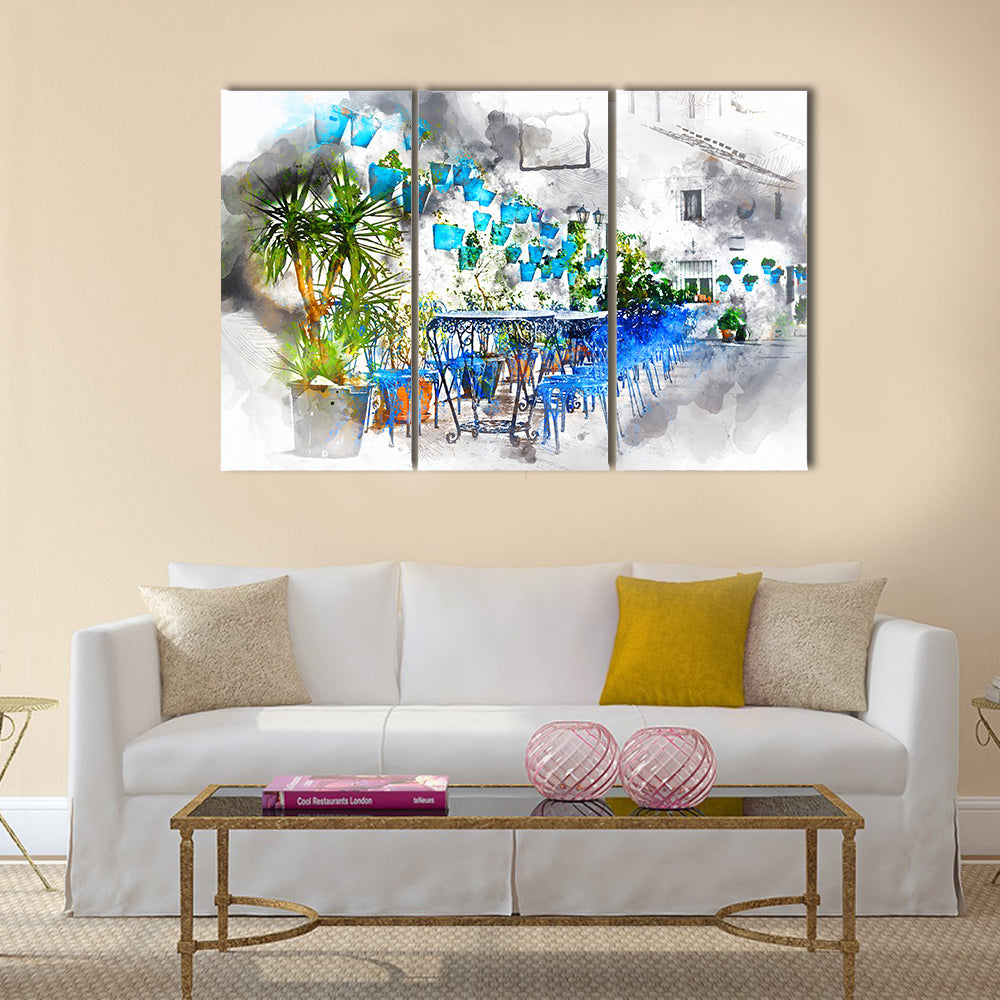 Digital watercolor painting of Mijas street Multi Panel Canvas Wall Art