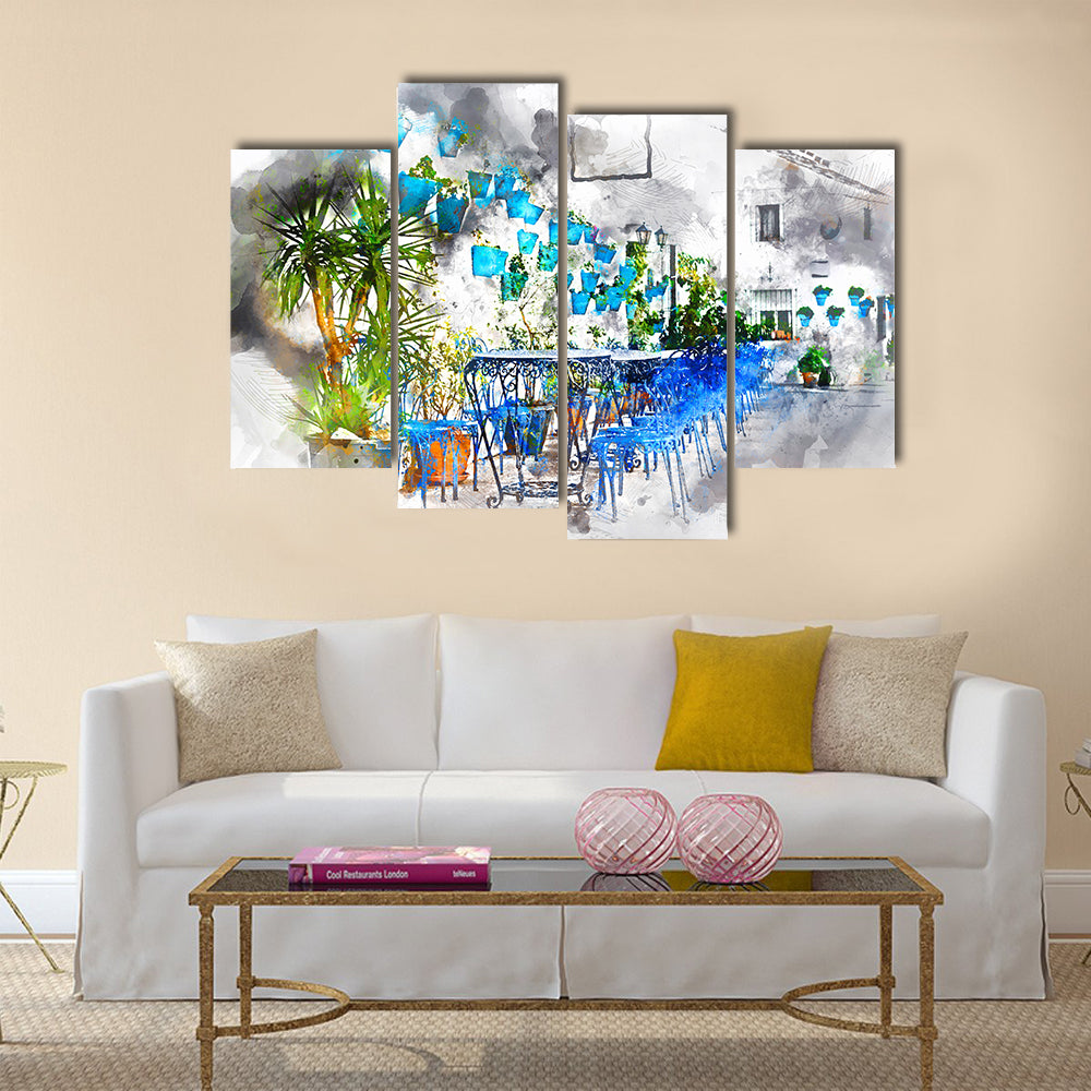 Digital watercolor painting of Mijas street Multi Panel Canvas Wall Art