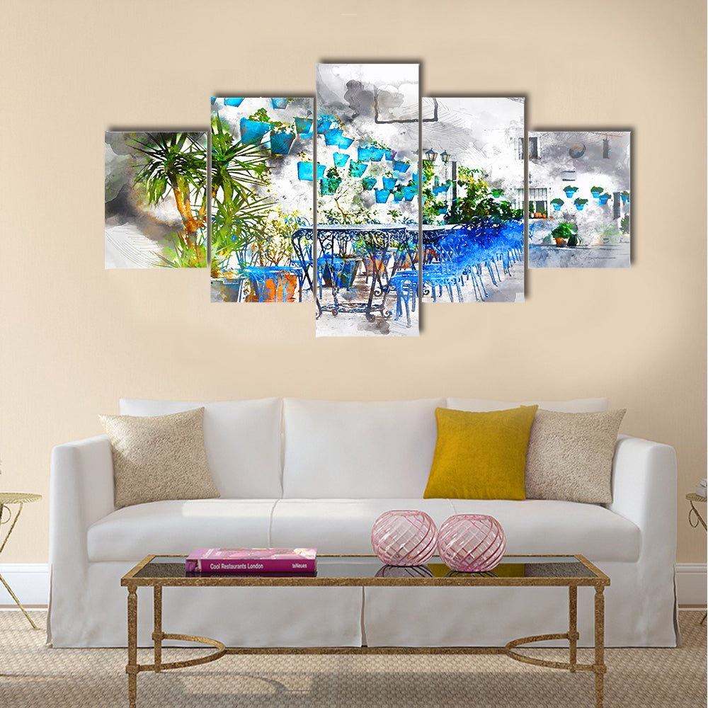 Digital watercolor painting of Mijas street Multi Panel Canvas Wall Art