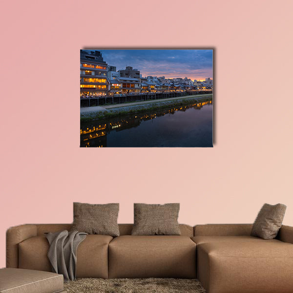 Old house and restaurant in Kamo River multi panel canvas wall art