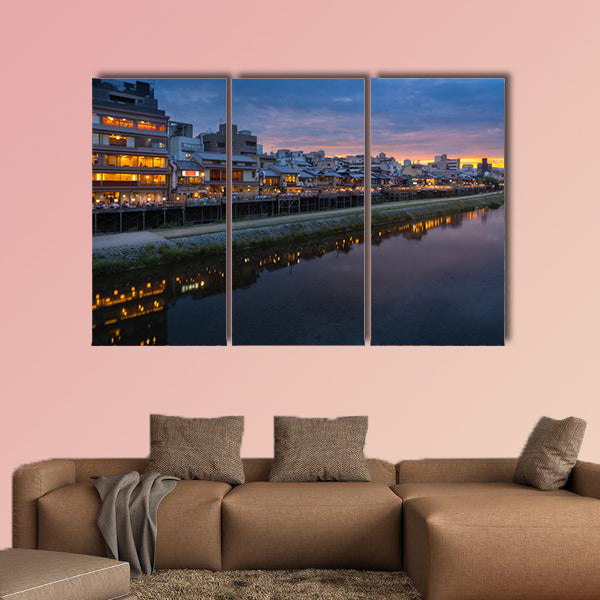 Old house and restaurant in Kamo River multi panel canvas wall art
