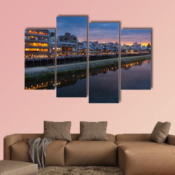 Old house and restaurant in Kamo River multi panel canvas wall art