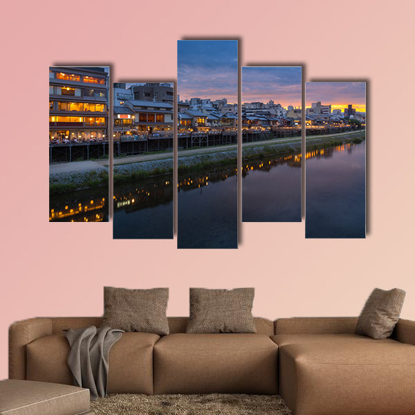Old house and restaurant in Kamo River multi panel canvas wall art