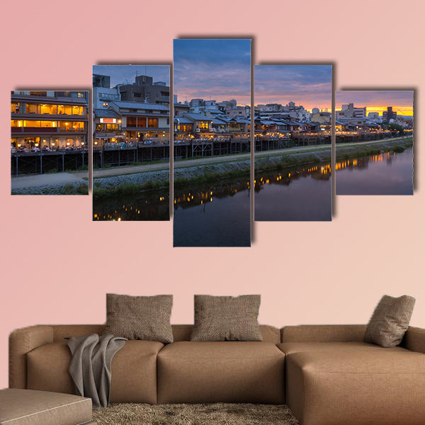 Old house and restaurant in Kamo River multi panel canvas wall art